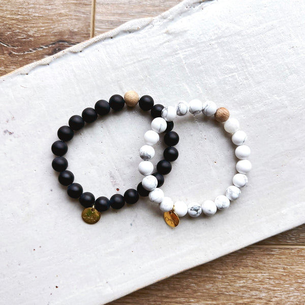 Onyx and Howlite Barrel Bead Bracelet Set