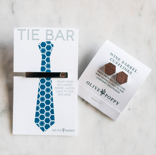 Barrel Cufflink and Tie Bar Gift Set - Olive and Poppy